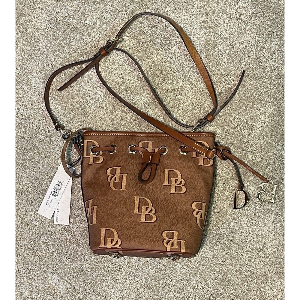 Dooney & Bourke DB Caramel Brown Logo Drawstring Crossbody Bag Monogram Print